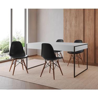 Imagem de Mesa Jantar Industrial Retangular Filadélfia Branca 137X90Cm Base Ferro Preto Com 4 Cadeiras Pretas