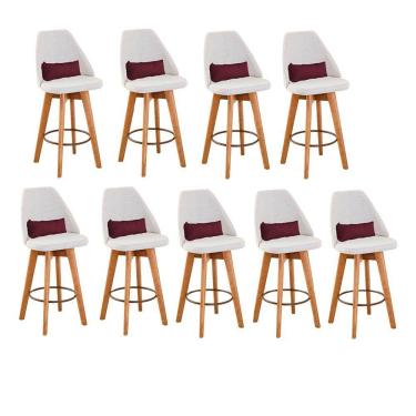 Imagem de Kit 09 Banquetas Alta Maya Giratória Com Encosto Gourmet Linho Bege e Almofada Suede Bordô - Aurora Line