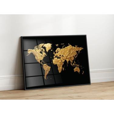 Imagem de Quadros Decorativos com Moldura Acrilico Cristal  Mapa Mundi Dourado p