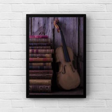Imagem de Quadro Decorativo Violino Com Livros 33X24Cm Moldura Preta