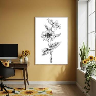 Imagem de Quadro Girassol Desenho Fino - 70X50Cm Mold Branca - Quadros On-Line