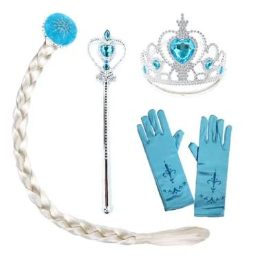 Imagem de Kit Elsa Frozen Fantasia Trança Coroa Luvas Varinha