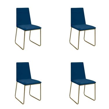 Imagem de Kit 4 Cadeiras De Jantar Cozinha Industrial Lexa Veludo Élpis Móveis Azul Marinho Dourada