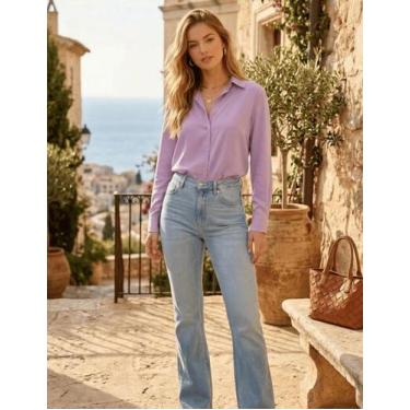 Imagem de Camisa Feminina Alfaiataria Linho Premium Camisete Camisa De Botão Off