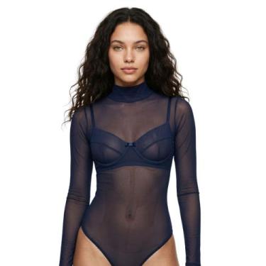 Imagem de Body de Tule Transparente Manga Longa Kyara, Marinho, G