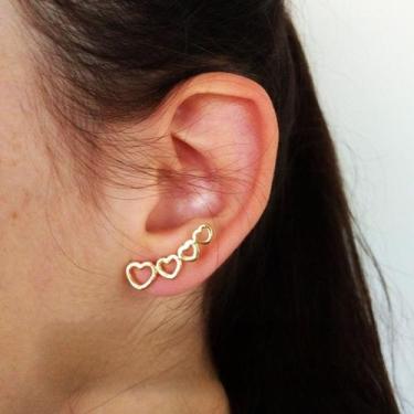 Imagem de Brinco Gancho Corações Ear Cuff Banho Ouro 18k Delta Joias