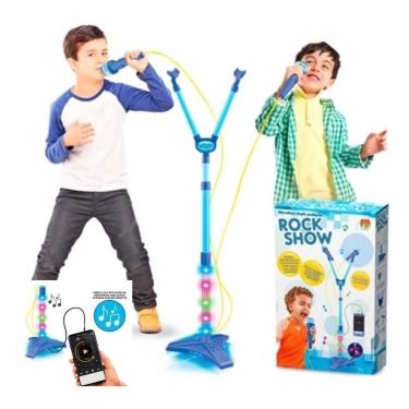 Imagem de Microfone Infantil Duplo Rock Azul c/ Som Música Conecta Mp3