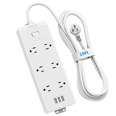 Imagem de Protetor contra sobretensão de cabo de extensão de 3,8 m com 6 saídas super amplas, protetor contra sobretensão de plugue plano NTONPOWER com 3 USB, 1875W, 15A, 1700 Joules, proteção contra sobrecarga para home office