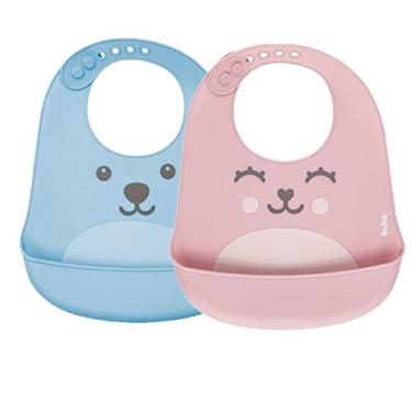 Imagem de Kit 2 Babadores Impermeável Avental Alimentação Infantil Bebes De Silicone Com Pega Migalhas Menino Menina (Azul Claro/Rosa)