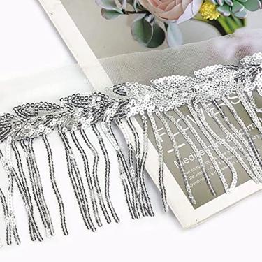 Imagem de 2/4 jardas 10 cm Paillette Lantejoulas Borla Renda Trim Tecido de Malha DIY Performance Saia Vestido de Noiva Decoração Material de Costura, Branco Prateado, 2 jardas