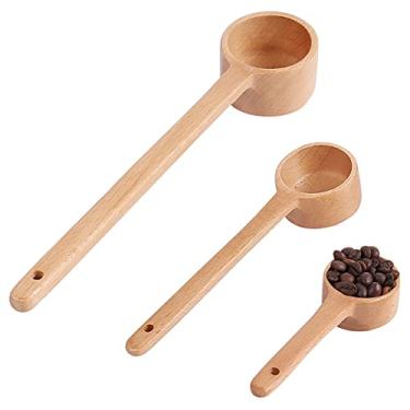 Imagem de UPTALY Conjunto de 3 colheres de medição de madeira (60 ml/40 ml/30 ml), colher de café de 27 cm, colheres de café com cabo longo, colher de chá com medida de cabo estendido, colher de madeira de faia para frascos profundos
