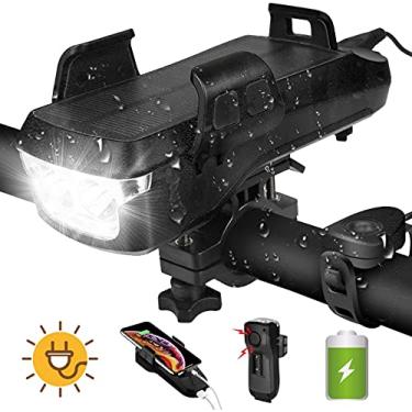 Imagem de Luz de bicicleta 4 em 1 luz solar para bicicleta, 4000mAh 550 lúmen farol de bicicleta USB recarregável à prova d'água luz de ciclismo com carregador de telefone, campainha preta de 130DB