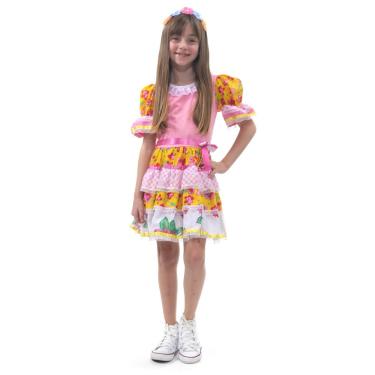 Imagem de Vestido Caipira Infantil Rosa Chic Festa Junina Com Tiara