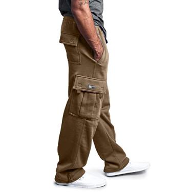 Imagem de Calças de moletom masculinas folgadas calças cargo folgadas com cordão pesado joggers moda bolsos ao ar livre calças inverno, Café, XXG
