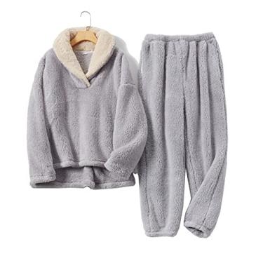 Imagem de Pijama feminino de lã sólido conjunto de 2 peças casual manga longa pijama outono inverno flanela lapela engrossada roupa de dormir cinza, GG (60