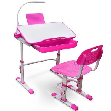 Imagem de Yinleader Conjunto de mesa e cadeira infantil, altura ajustável, gaveta de armazenamento espaçosa, com mesa inclinada ajustável, suporte de livros, lâmpada de LED de toque para estudantes escolares