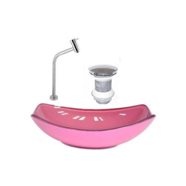 Imagem de Kit Cuba de Vidro + Torneira para Lavatório Oval Chanfrada 46cm Rosa