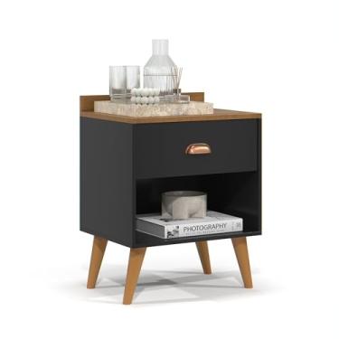 Imagem de Mesa De Cabeceira Retro Perola Nichos Com Gaveta Prateleira Criado Livreiro Lateral Cama (Preto/Nature)