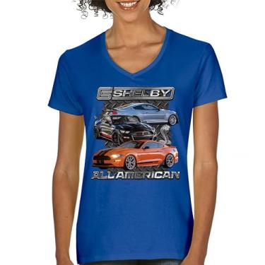 Imagem de Camiseta feminina Shelby All American Cobra gola V Mustang Muscle Car Racing GT 350 GT 500 Performance Powered by Ford Tee, Azul, GG