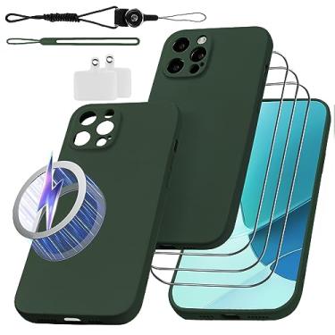 Imagem de Fudley 9 em 1, capa de silicone para iPhone 12 Pro Max, equipada com 3 protetores de tela de vidro temperado + cordões, capa protetora à prova de choque de grau militar de 6,7 polegadas verde escuro