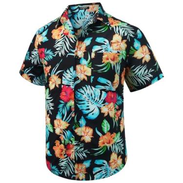 Imagem de Camisa masculina havaiana manga curta Aloha floral tropical casual camisa de botão camisas verão praia para férias, Flor preta/laranja, GG