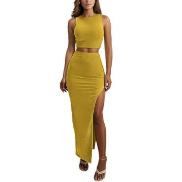 Imagem de ELLEVEN Conjunto de saia maxi sexy de 2 peças para mulheres – conjunto de vestido de malha e saia de fenda alta, roupas de verão, Amarelo, X-Small