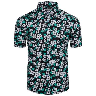 Imagem de TUNEVUSE Camisa masculina floral manga curta casual estampa floral camisa havaiana 100% algodão, Preto 33, M