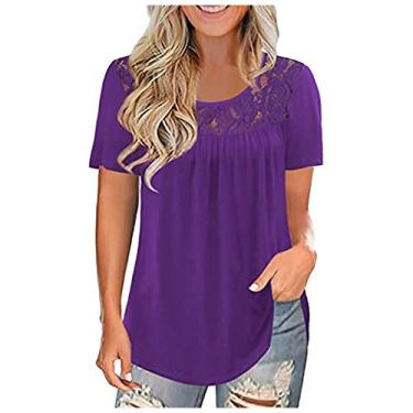 Imagem de Camiseta feminina de renda com gola redonda, manga curta, cor sólida, folgada, casual, para férias de verão, Roxa, M