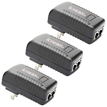 Imagem de iCreatin Pacote com 3 adaptadores de rede para injetores PoE de parede 802,3af 48V 24W 0,5A para câmeras IP de segurança, 10/100Mbps