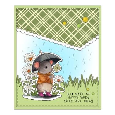 Imagem de YIXUAN Lindo mouse segurando guarda-chuva floral em dia chuvoso conjunto de carimbos transparentes e matrizes de corte de metal com caixa de envelope para fazer cartões, materiais de scrapbook, molde