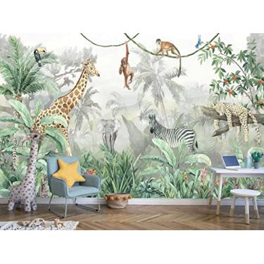 Imagem de Reyhui Papel de parede infantil folhas tropicais e animais de safári mural de parede para parede quarto sala de estar TV fundo sofá parede (não descascar e colar)