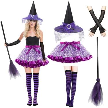 Imagem de CAKKA Witch Costume for Women, Purple 5PCS Halloween Set With Hat, Tutu Dress, Broom, Striped Thigh Socks, Gloves - Full Accessories for Girl Adult Women Plus Size