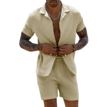 Imagem de URRU Conjunto masculino de linho 2024 moda verão manga curta camisa e shorts roupa praia tropical férias, Caqui, P