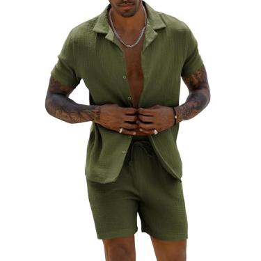 Imagem de URRU Conjunto masculino de linho 2024 moda verão manga curta camisa e shorts roupa praia tropical férias, Verde militar, G