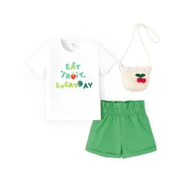 Imagem de PATPAT Conjunto de 3 peças para meninas, camiseta de manga curta e shorts de cor lisa com bolsa de palha de tecido, roupas de verão, Frutas verdes, 3-4 Anos