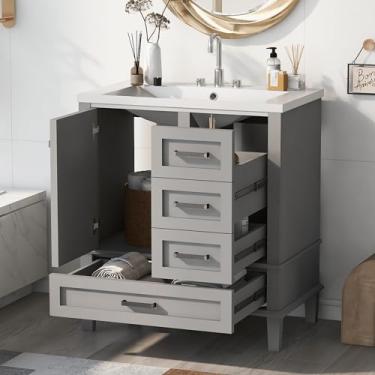 Imagem de Vaidade de banheiro de 76 cm, conjunto de armário de banheiro moderno com pia, armário de armazenamento de banheiro com porta de fechamento macio e 3 gavetas, moldura de madeira maciça (cinza)