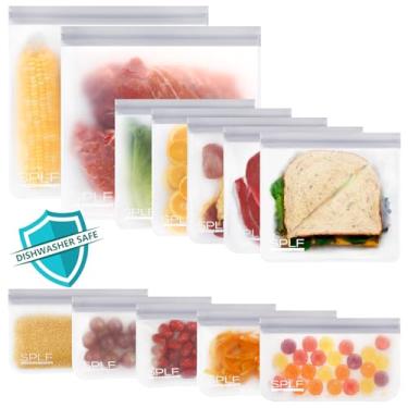 Imagem de SPLF Pacote com 12 sacos de armazenamento reutilizáveis para lava-louças (5 sanduíches reutilizáveis, 5 lanches, 5 galões), sacos extragrossos para freezer à prova de vazamento de silicone e plástico