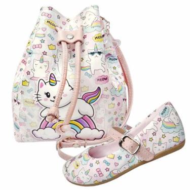 Imagem de Kit Infantil Feminino Sapatilha e Bolsa Gatinho Arco-Íris, Magicc Kids