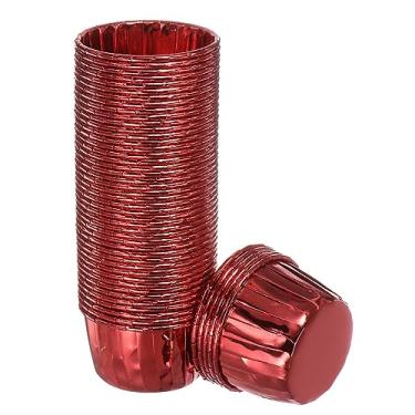 Imagem de HARFINGTON Copos de cupcake vermelhos, 50 peças de folha de alumínio de 100 ml, forros de cupcake padrão, copos de cupcake para suprimentos de festa de aniversário, decorações de casamento