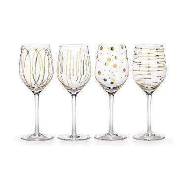 Imagem de MIKASA Taças de vinho brancas de cristal gravadas "Cheers", conjunto de 4 copos grandes de 400 ml, conjunto de taças de vinho com design dourado, caixa de presente, lavável na lava-louças