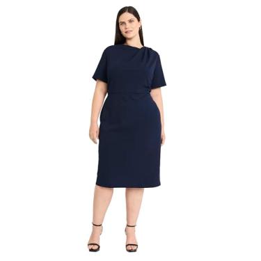 Imagem de Maggy London Vestidos femininos assimétricos chiques com gola redonda e manga curta abaixo do joelho, Blazer azul-marinho, 54
