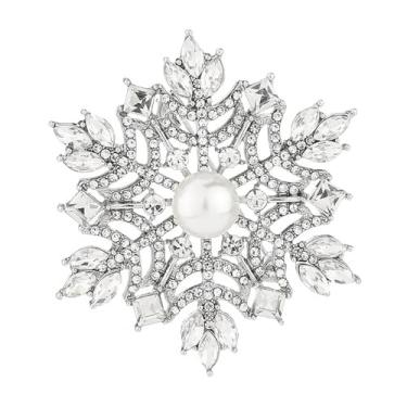 Imagem de Broche de lapela buquê de floco de neve de zircão imitação pérola inverno flor de neve broche de strass austríaco requintado Natal ano novo joias presentes corpete para suéter chapéu vestido