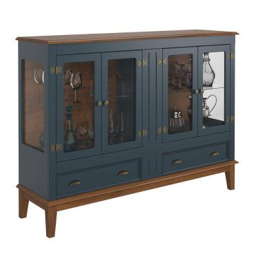 Imagem de Mini Cristaleira De Madeira Maciça 4 Portas Azul Petróleo - Fundo Amêndoa