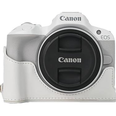 Imagem de Capa R50, capa BMAOLLONGB feita à mão de couro PU meia câmera versão abertura inferior para Canon Eos R50 com alça de mão (branca)