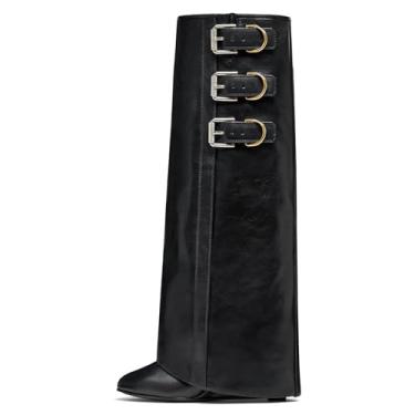 Imagem de HoanTiai Botas femininas dobráveis com fivela larga e salto cunha coberta no joelho, bico amêndoa, bico largo, sem fecho, botas de panturrilha modernas, sapatos de festa para encontros para mulheres,