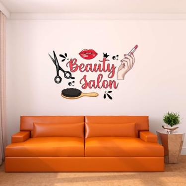 Imagem de Adesivo de parede para salão de beleza bonito feminino batom bonito com tesoura e cabelo Bursh removível - Tamanho: 101,6 cm (L) x 61 cm (A)