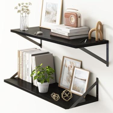 Imagem de Prateleiras flutuantes profundas de 25 cm, prateleiras flutuantes pretas de 76 cm de comprimento, prateleiras de parede de madeira rústica 76 cm L x 25 cm D, prateleira flutuante profunda com suporte