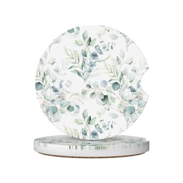 Imagem de Porta-copos de carro para bebidas absorventes, 2 porta-copos, pedra cerâmica de 6,5 cm e base de cortiça sem arranhões, acessórios automotivos para mulheres e homens, folha de eucalipto, aquarela