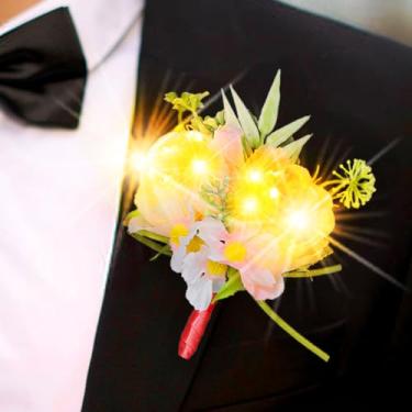 Imagem de Latious Flor iluminada para casamento com flor na lapela branca LED noivo rosa botoeira decoração de terno de formatura para homens (rosa - luz amarela)