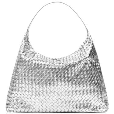 Imagem de JINMANXUE Sacola de tecido para mulheres, bolsas de tecido com bolsa pequena, bolsa Bottega Veneta, bolsa Hobo com alça superior trançada grande (prata brilhante), Prata brilhante